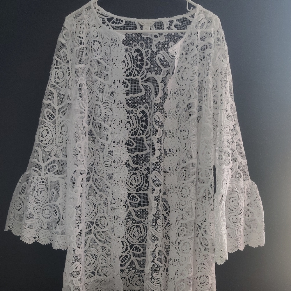 Cato  Boho Fairy Cottage Core White Lace Open-Front Cardigan